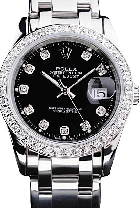 AAA Replica Watches Steel Black DateJust Rolex Bracelet Bezel Stainless Dial Diamond 0721